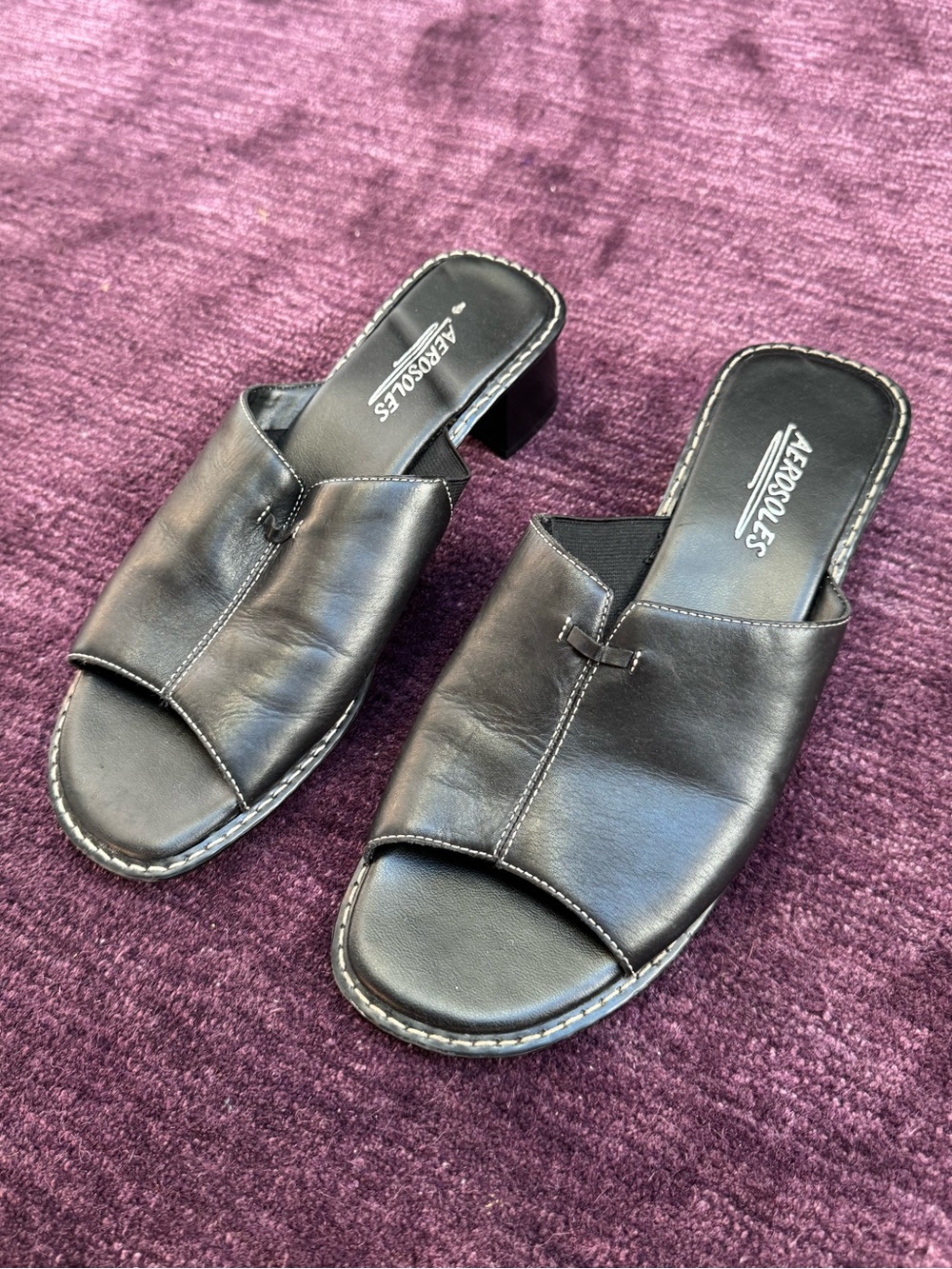 Vintage Y2K Black Leather Mule Heels Square Toe 9M fits 10